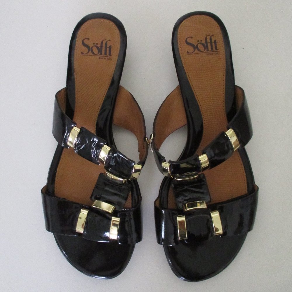 Sofft Womens Black Patent Leather Gold Accents Flat Slide Sandal NWOB - Size 8W - Picture 8 of 10